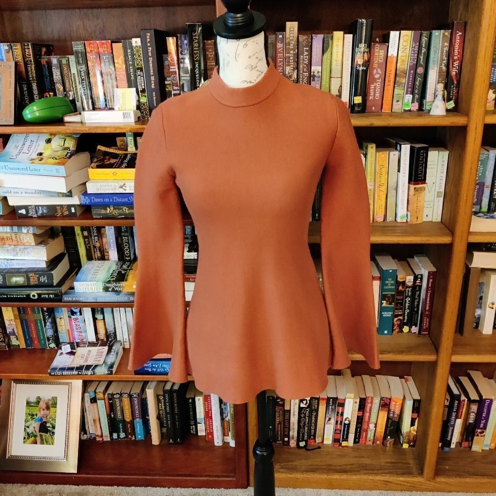 Keepsake burnt orange bell sleeve mock turtle heavy stretch knit sweater S euc